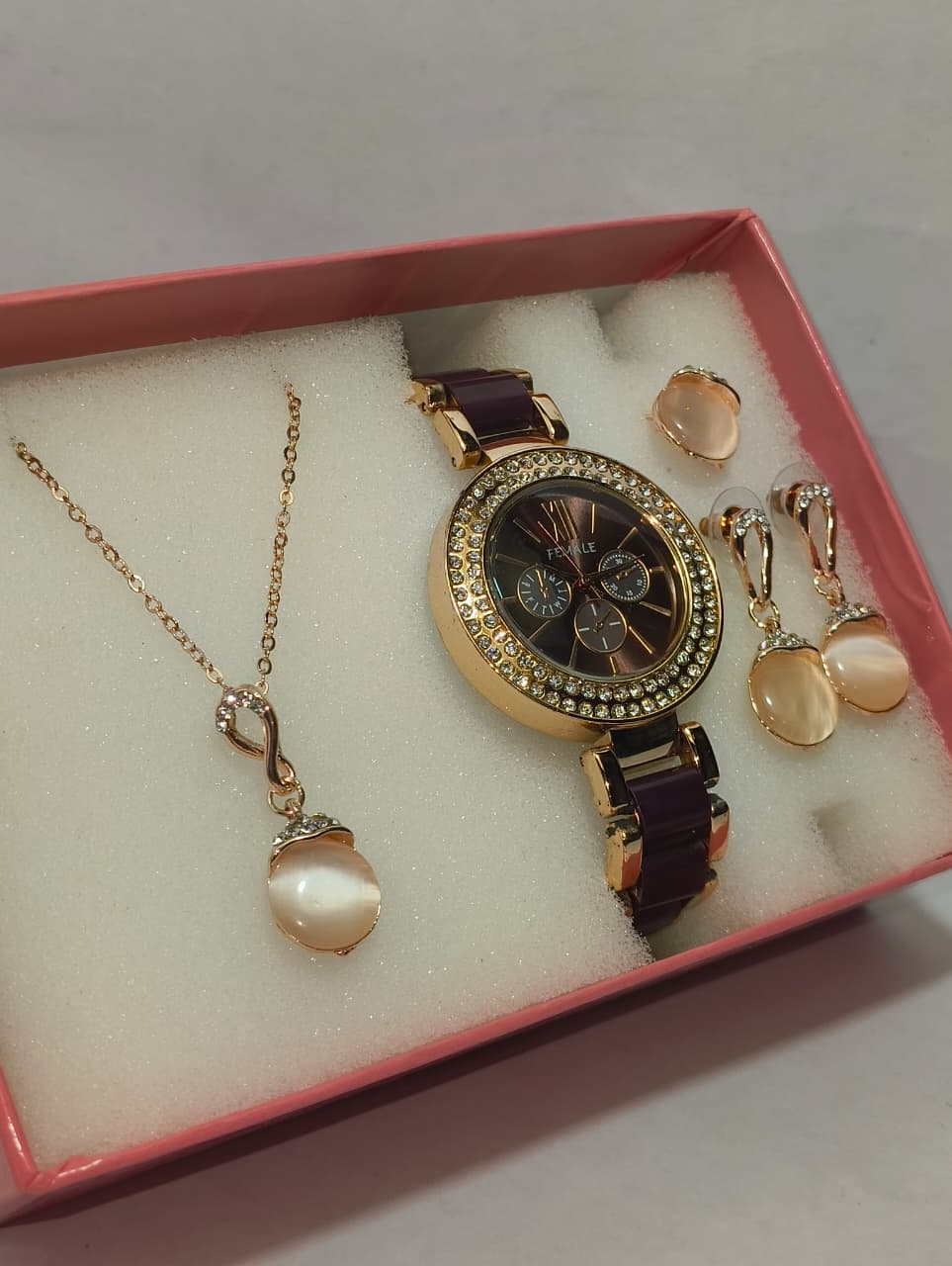 Classy New Design analog watch and Necklace with earring and ring for womens