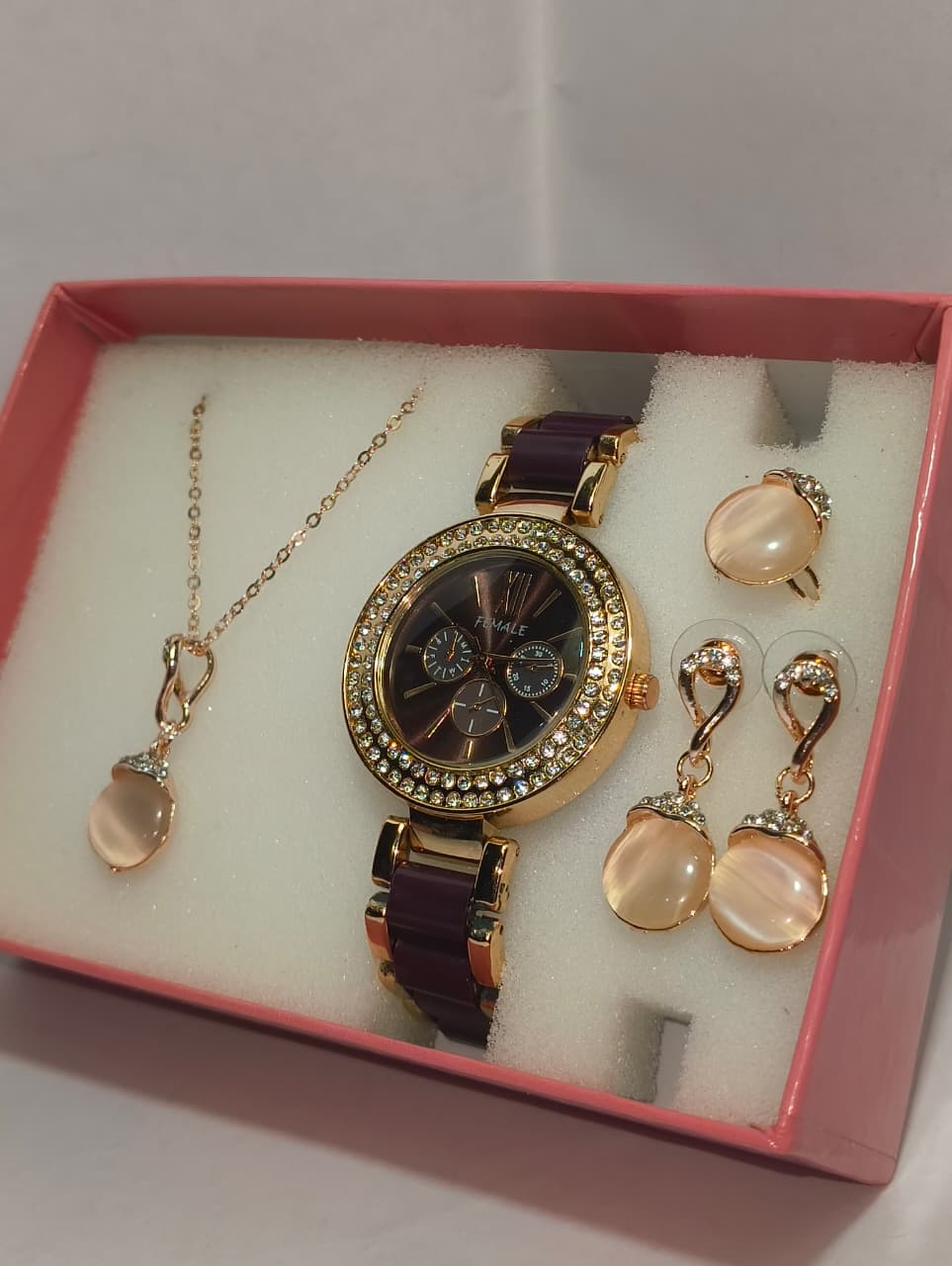 Classy New Design analog watch and Necklace with earring and ring for womens