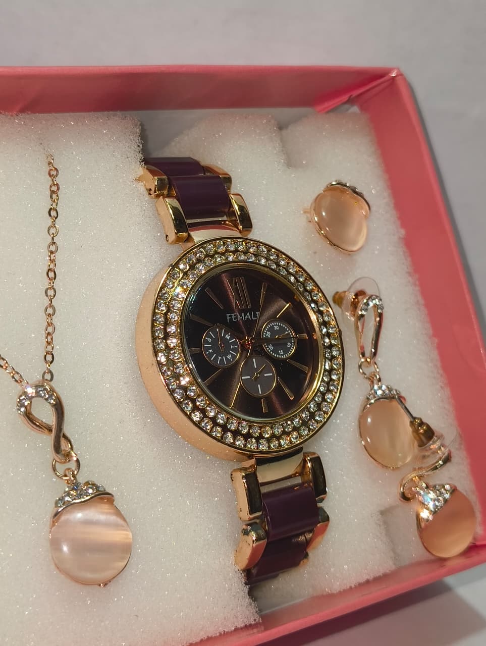 Classy New Design analog watch and Necklace with earring and ring for womens